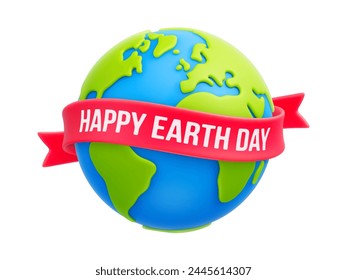 Cartoon planet Earth and red ribbon with "Happy Earth Day" text. Earth day or environmental protection, save our green planet, save the Earth concepts. 3d eco friendly design. Vector illustration
