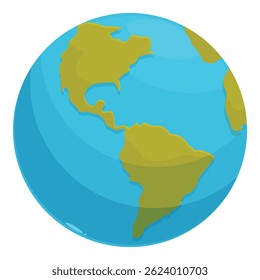 Cartoon planet earth rotating showing north and south america on blue water background