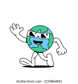 Cartoon planet earth running merrily and waving hand in greeting. Globe symbol. Earth day celebration concept, care for the environment. Stock vector illustration of planet earth. White background.