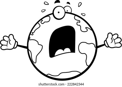 A cartoon planet Earth with a scared expression.