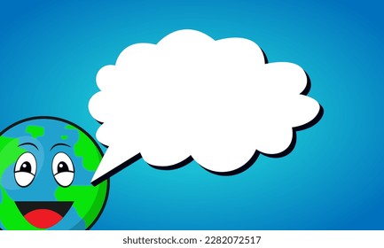 Cartoon planet earth smiling and message bubble with free space or copy space, earth day banner	