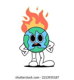 Cartoon planet earth stands in a displeased pose. Lit. The concept of the problem of global warming, care for the ecology. Doodle style. Stock vector illustration of planet Earth. Isolated background.