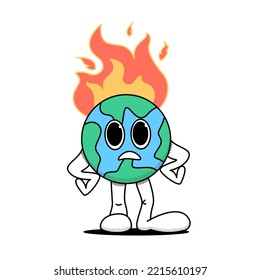 Cartoon Planet Earth Stands In A Displeased Pose. She's On Fire. The Concept Of The Problem Of Global Warming, Care For The Ecology. Doodle Style. Stock Vector Illustration Of Planet Earth. 