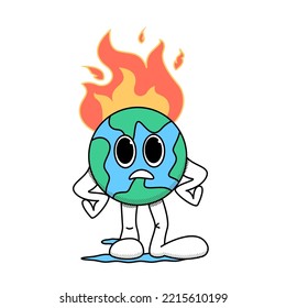 Cartoon Planet Earth Stands In A Displeased Pose. She's On Fire. The Concept Of The Problem Of Global Warming, Care For The Ecology. Doodle Style. Stock Vector Illustration Of Planet Earth. 