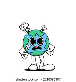 The cartoon planet Earth stands in a displeased pose, damaged. The concept of consumer attitude to the planet. Caring for the environment. Doodle style. Stock vector illustration of planet Earth. 