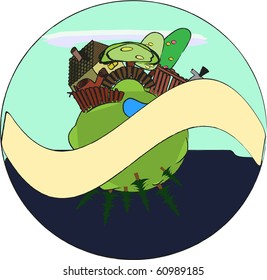 cartoon planet with hut and forest