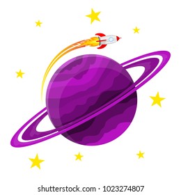Cartoon planet icon with a rocket in flat design. Vector illustration. Colored space planet isolated.
