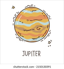 Cartoon Planet Jupiter With Cute Stars. Vector Illustration. Hand Drawn Illustration.