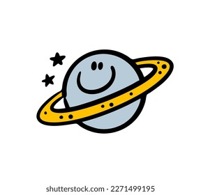 Cartoon planet Jupiter with rings has a human face and stars. Vector illustration of space children decor.