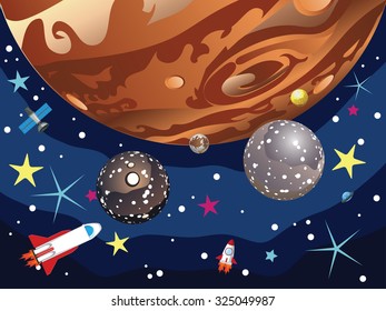 Cartoon planet Jupiter in the space with stars and shuttles.