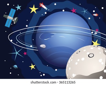 Cartoon planet Neptune in the space with stars and shuttles.