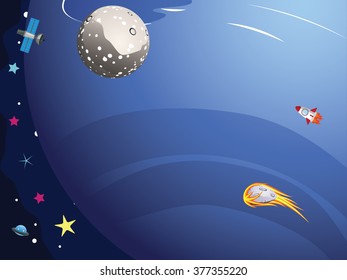 Cartoon planet Neptune in the space with stars and shuttles.