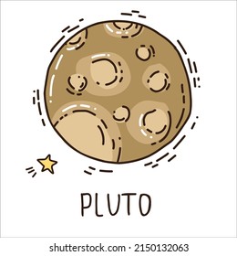 Cartoon planet Pluto with cute stars. Vector illustration. Hand drawn illustration.