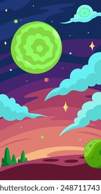 Cartoon planet in space with a green planet in the middle