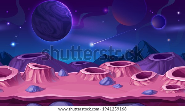 Cartoon planet surface with craters, space\
background. Vector alien landscape with pink or purple kraters,\
falling comet in cosmos and planet spheres in Universe. Futuristic\
computer game cosmic\
scene