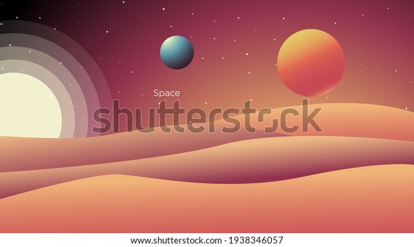 Cartoon planet surface with stars and\
satellites background vector\
illustration.