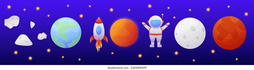 Cartoon planets, astronaut, rocket, stars, meteorites on the cosmic background. set Vector cartoon.