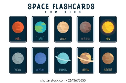 Cartoon planets flashcards set and solar system cards for kids play flat vector illustration.