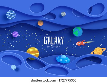 Cartoon planets, red polygonal rocket and origami UFO. Wavy layered background in paper cut style. 3d vector card with flying saucer in starry night sky, Children's illustration of paper craft galaxy.