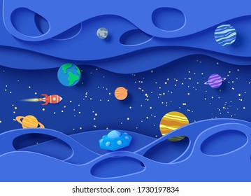 Cartoon planets, red polygonal rocket and origami UFO. Wavy layered background in paper cut style. 3d vector card with flying saucer in starry night sky, Children's illustration of paper craft galaxy.