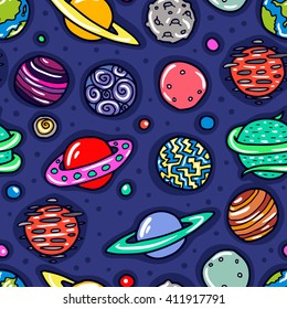 Cartoon planets seamless pattern. Imaginary space adventure illustration. 