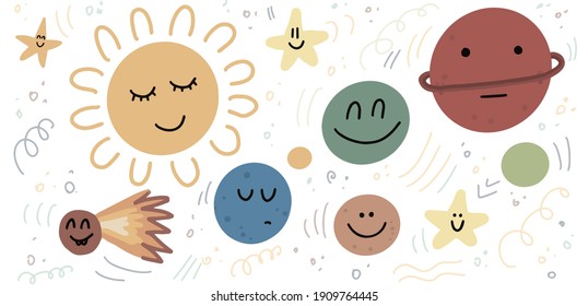Cartoon Planets Set. Collection of various planets, moons, asteroid and earth globes isolated on white background. Doodle characters illustrations.