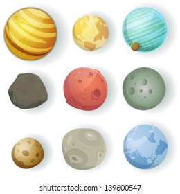 Cartoon Planets Set/ Illustration of a set of various planets, moons, asteroid and earth globes isolated on white for scifi backgrounds