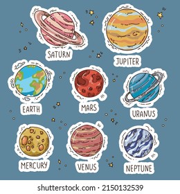 Planetas de dibujos animados instalados en sistemas solares aislados en el fondo del espacio. Ilustración del vector