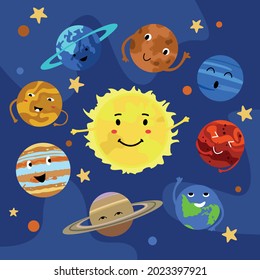 Cartoon planets of the solar system with cute faces in space. Mercury, Venus, Earth, Mars, Jupiter, Saturn, Uranus, Neptune, Sun. Stars in the galaxy. Vector illustration.