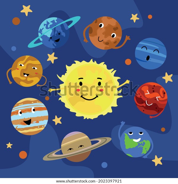 Cartoon planets of the\
solar system with cute faces in space. Mercury, Venus, Earth, Mars,\
Jupiter, Saturn, Uranus, Neptune, Sun. Stars in the galaxy. Vector\
illustration.