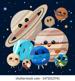 Cartoon planets of Solar System on space background, vector illustration