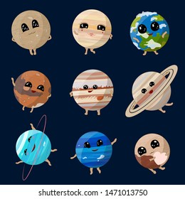 Cartoon planets of Solar System on dark background, vector illustration