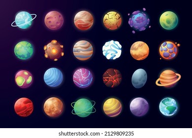 Cartoon planets. Space game objects, colorful planets for science fiction game. Vector astronomy set