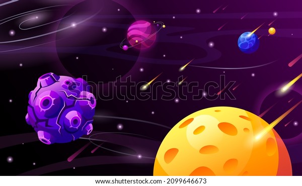 Cartoon planets in space. Planet in cosmos,\
starry universe background. Galaxy science landscape for digital\
game world, garish vector\
illustration