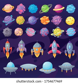 Cartoon planets and spaceships. Alien cartoon ufo and spaceships. UFO unidentified flying object. Fantastic rockets, galaxy elements set for childish cosmic game vector illustration.