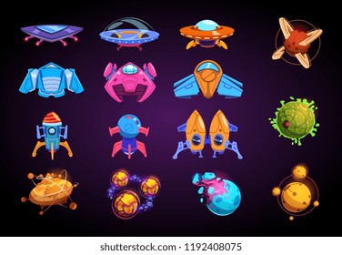 Cartoon Planets And Spaceships. Fantastic Rockets, Ufo And Alient Futuristic Planets. Space War Game Vector Kit. Ufo Rocket And Spaceship, Transportation Travel Universe Illustration