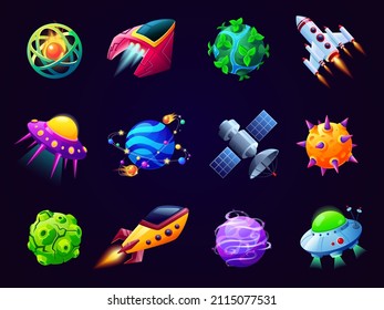 Planetas de dibujos animados y naves espaciales. Espacios de juego, hermosos elementos de órbita espacial. Cosmos clipart, cohete y fantaseosa colección de vectores garish planeta