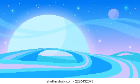 Cartoon planets and stars background in pixel art style. Space, galaxy, cosmos, universe fantasy view background for computer game. 8 bit retro style vector illustration