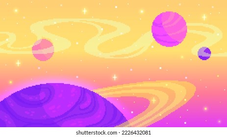 Planetas de dibujos animados y estrellas de fondo en estilo de arte en píxeles. El espacio, la galaxia, el cosmos, la fantasía del universo vista el fondo para el juego de ordenador. ilustración vectorial de estilo retro de 8 bits