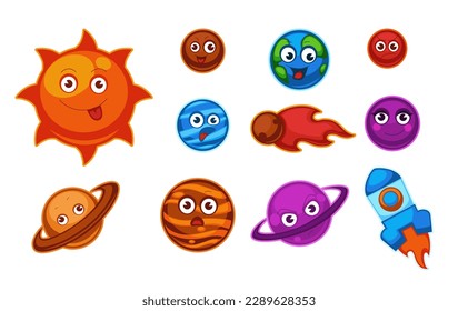 Planetas de dibujos animados y personajes de estrellas. Sol aislado y Júpiter, Tierra y Saturno, Marte y Venus. Cohetes y cometas flotantes en el espacio. Descubrimiento de cuerpos galácticos y celestiales. Vector de estilo plano