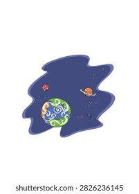 Cartoon planets and stars in deep space with a wavy dark blue background.