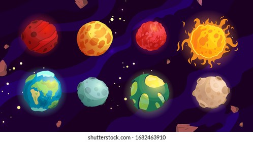 Cartoon planets vector cute set  Space objects - sun, moon, mars, mercury, earth. Fantasy planets.