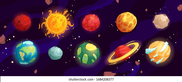 Cartoon planets vector cute set  Space objects - sun, moon, mars, mercury, jupiter, venus, earth. Fantasy planets.