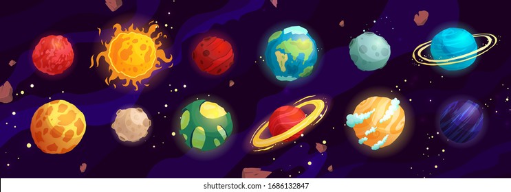 Cartoon planets vector cute set. Space objects - sun, moon, mars, mercury, jupiter, venus, earth. Fantasy planets.