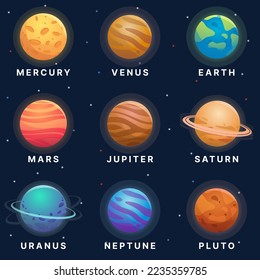 Conjunto de vectores de planetas de dibujos animados. Vector de astronomía del sistema solar.