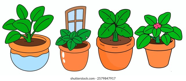 A cartoon plant with green leaves in a terracotta flower pot. Great for home decor or nature-themed sticker bundles.