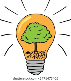 Planta de dibujos animados que crece dentro de la bombilla verde eco ahorro de energía. Día de la Tierra, ecología, naturaleza y concepto de conservación del medio ambiente. Guardar green planet concept. Ilustración de arte lineal.