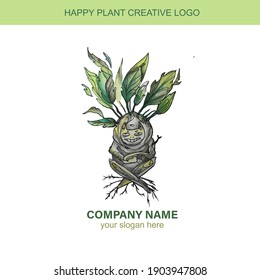 Cartoon plant logo. Creative hand drawn illustration. Vector logo icon on white background.