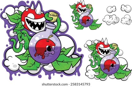 Cartoon plant monster illustration and skull inside potion bottle, graffiti style, cartoon, popart, clipart, eps 10, editable.