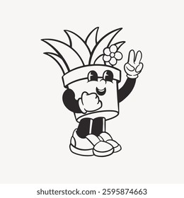 Cartoon plant pot character with arms and legs, wearing shoes, making a peace sign. Playful plant pot, animated and cheerful. Black and white illustration. Cute vector illustration.